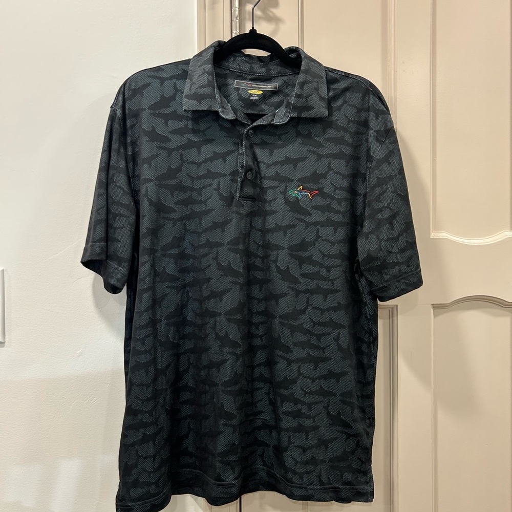 Greg Norman Collection Black Polo Shirt with Subtle Shark Pattern